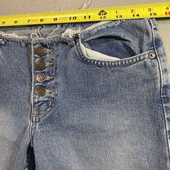 Vintage LEI Jeans Low Rise Flare Button Fly Raw Hem Denim Y2K 90s Womens 10 Blue - Picture 6 of 8